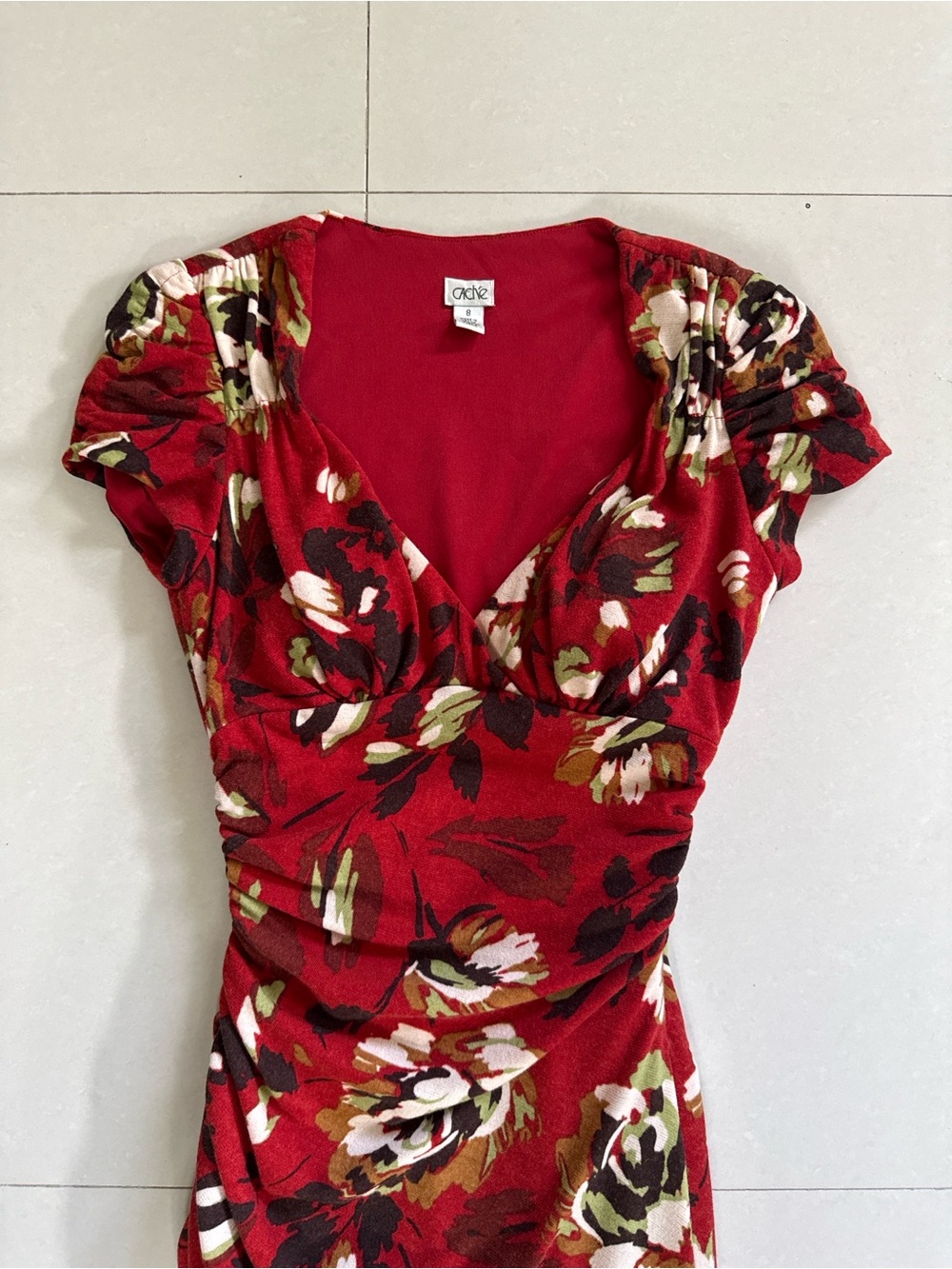 Vintage Cache Red Floral Midi Dress with Ruched Bodice Knit